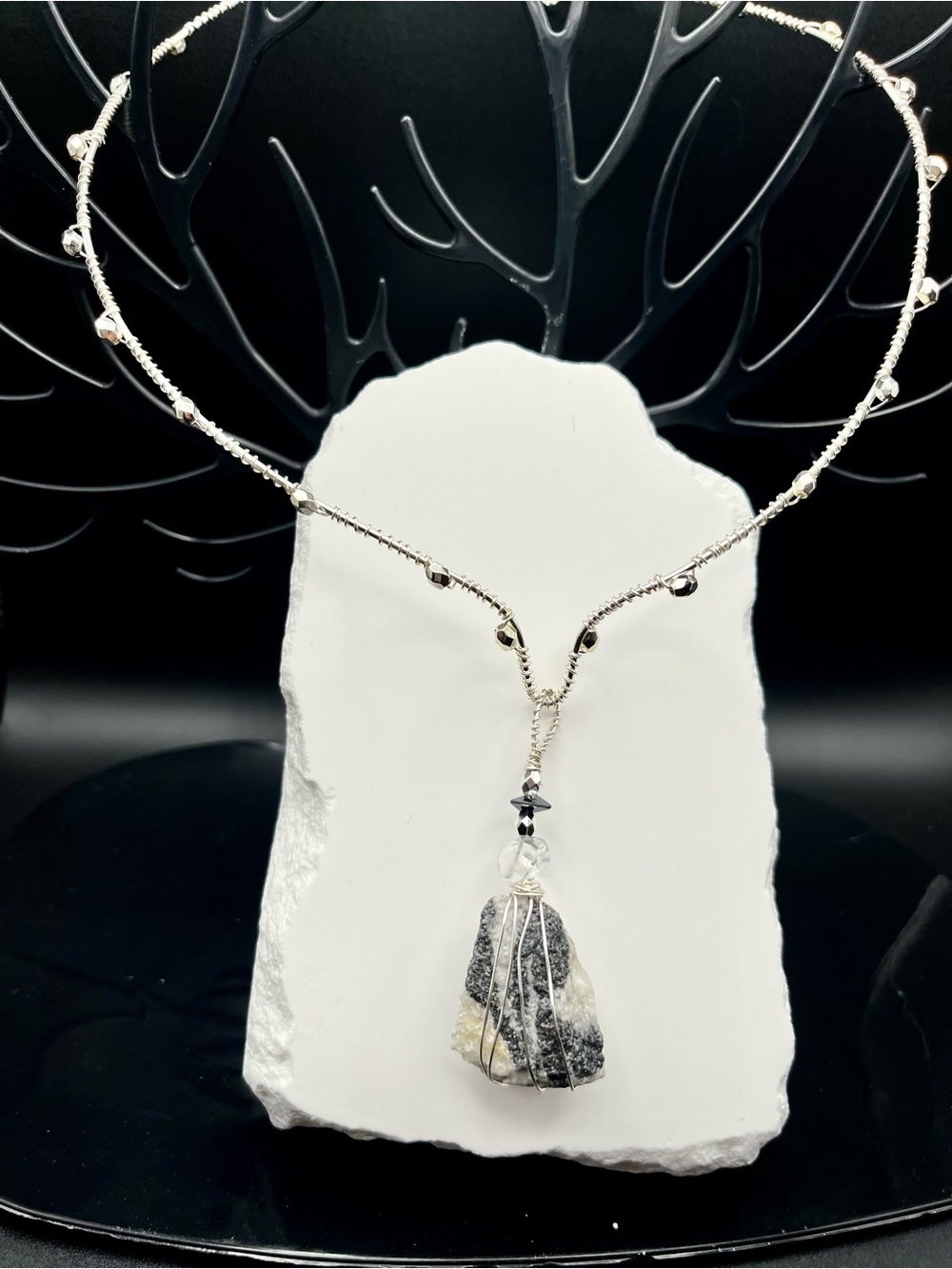 Silver Wire-Wrapped Black and White Stone Pendant Necklace